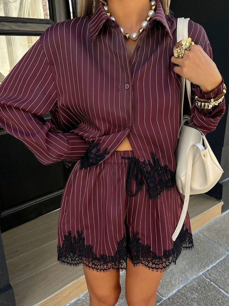 Striped Button Down Shirt & Lace Trim High Waist Shorts Set