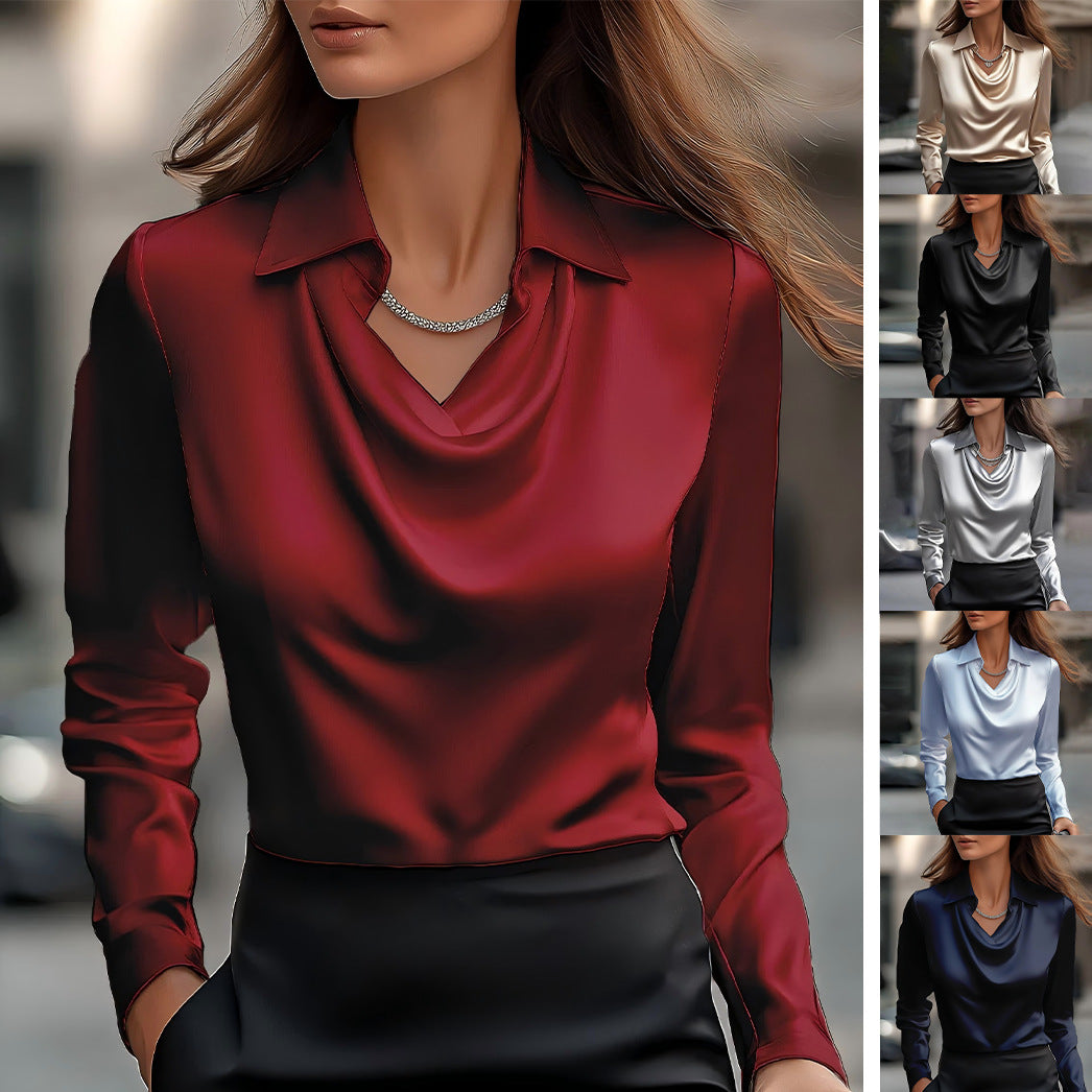 Satin Blouse for Women Cowl Neck Collared Long Sleeve Top