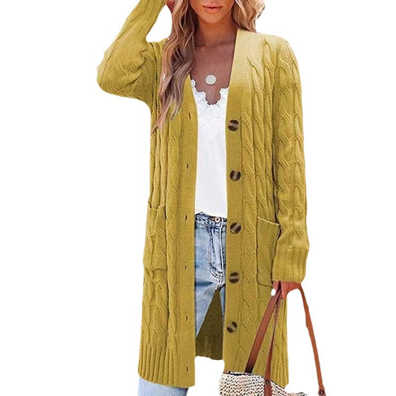 Women's Long Cable Knit Cardigan Button Down Pockets