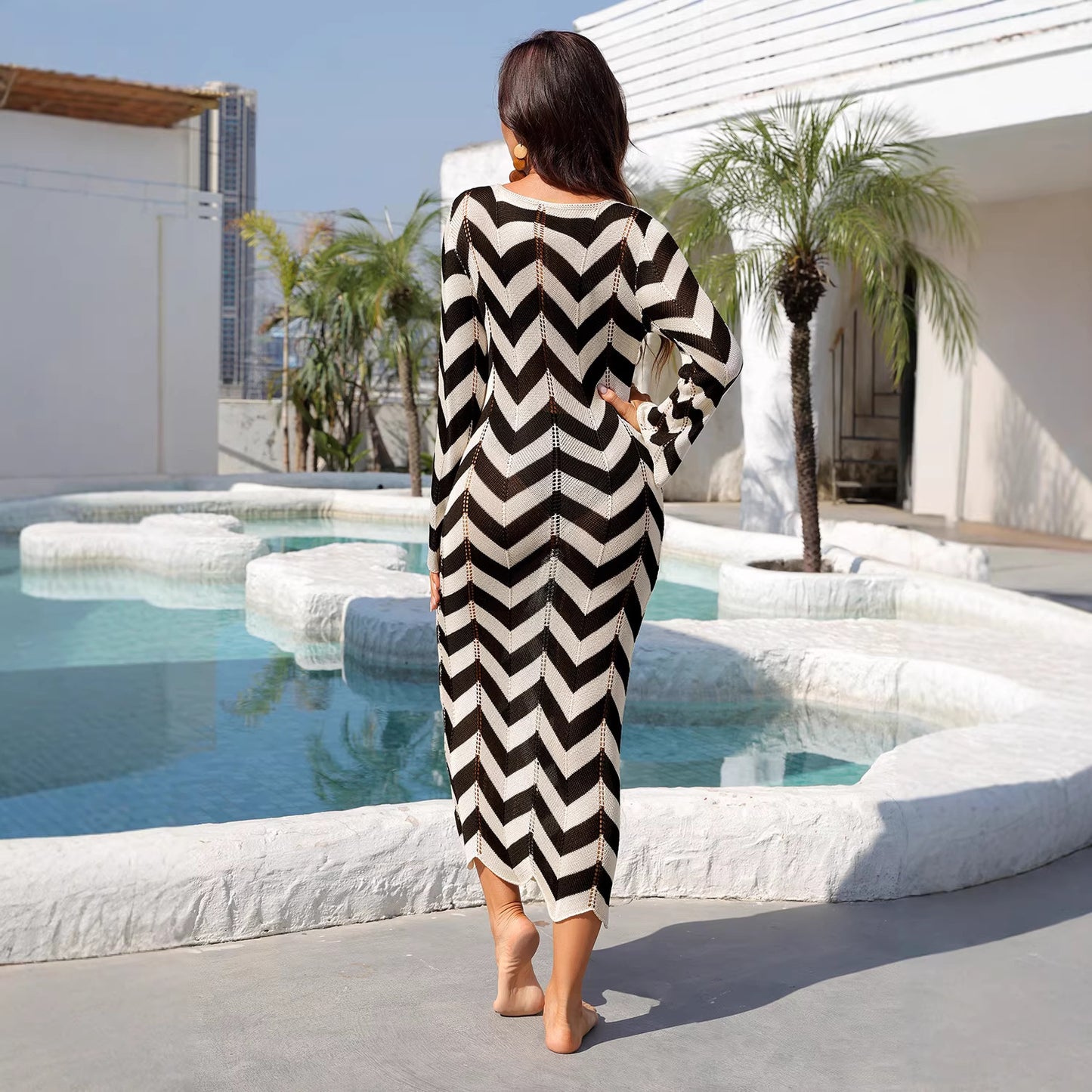 V Neck Tie Front Knit Maxi Beach Cover Up Dress