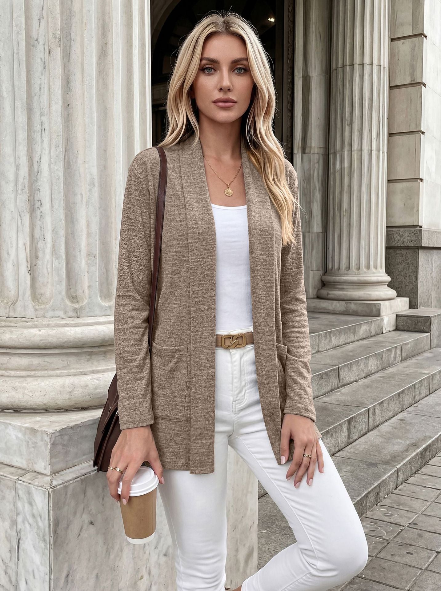 Open Front Pocket Long Sleeve Cardigan