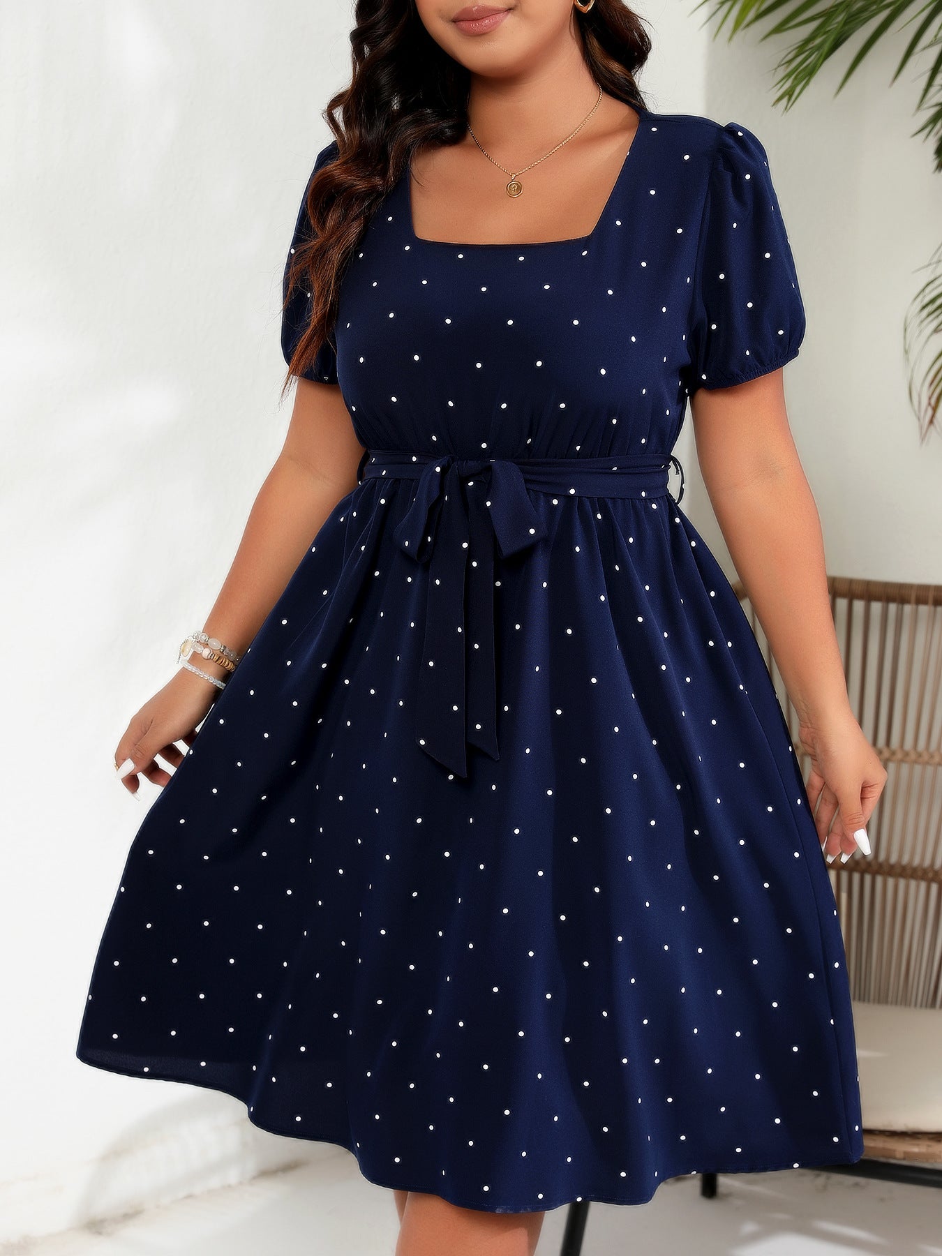 Plus Size Tie Waist Polka Dot Midi Dress