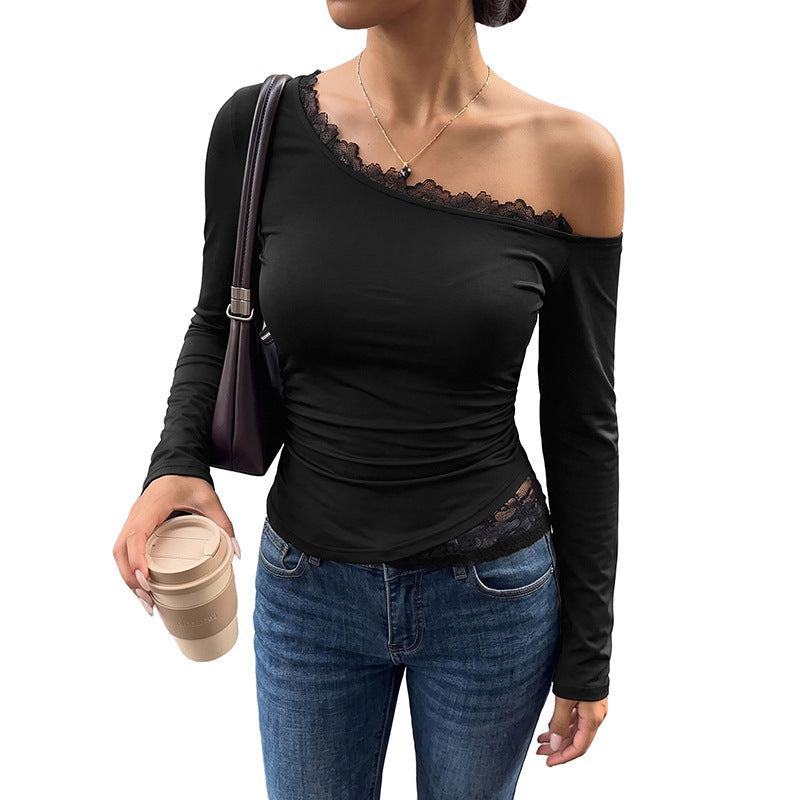 One Shoulder Lace Trim Long Sleeve Fitted Top