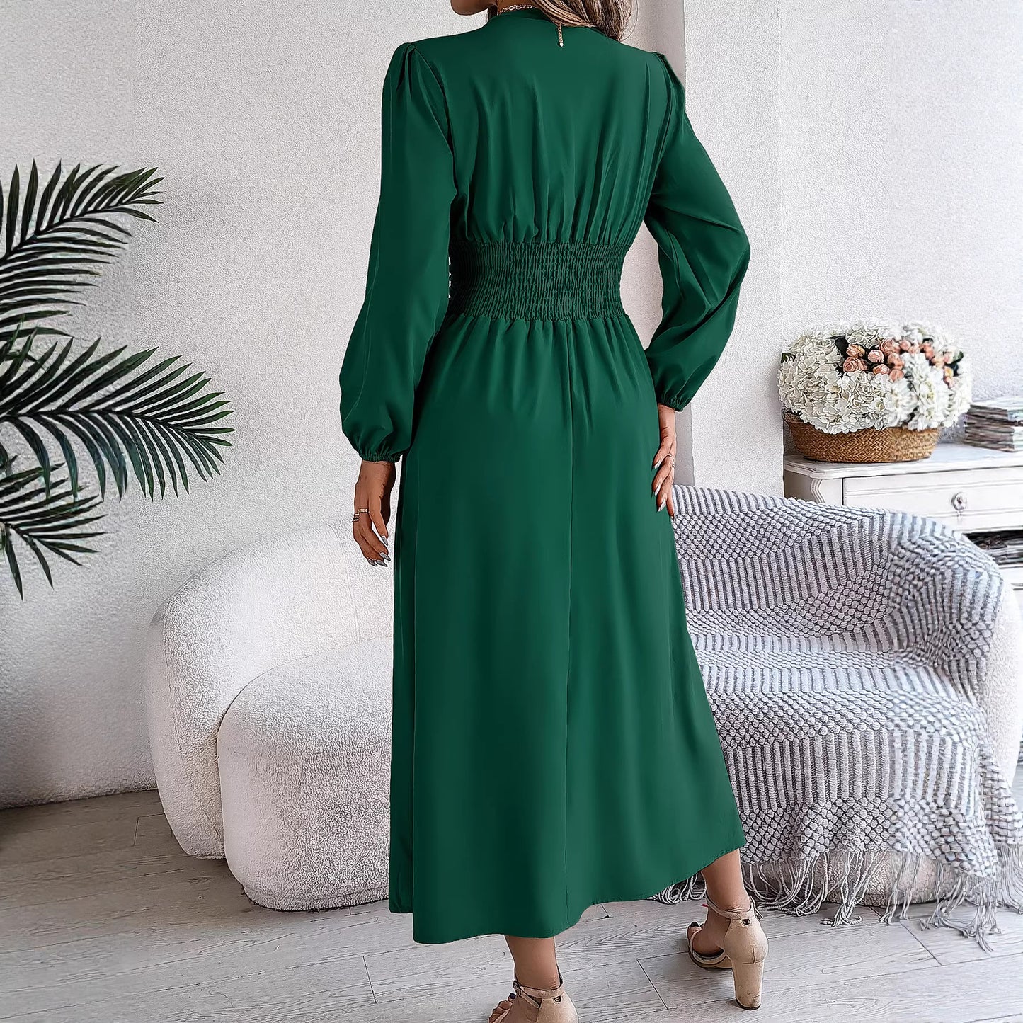 Women V Neck Long Sleeve Slit Waist Midi Dress
