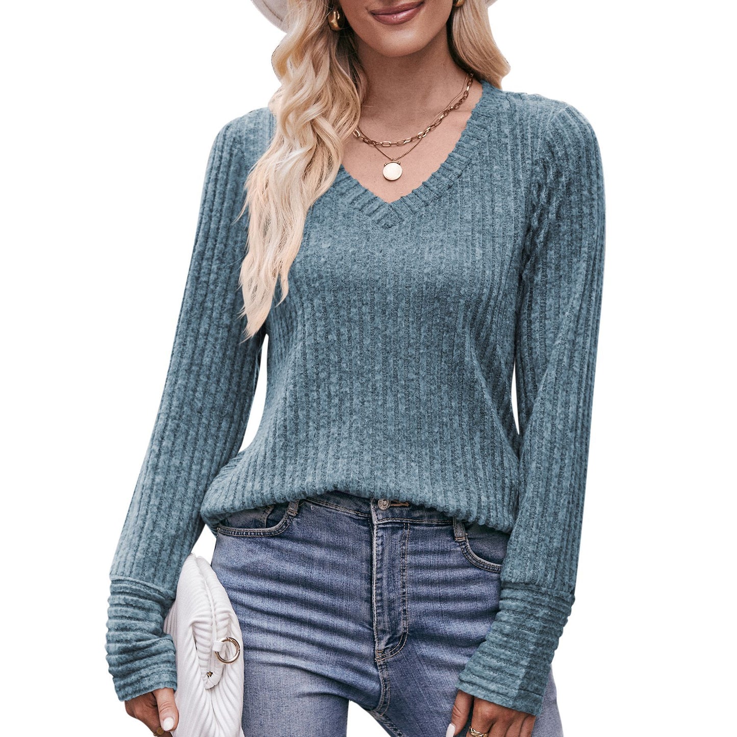 Ribbed V Neck Long Sleeve Knit Top for Women