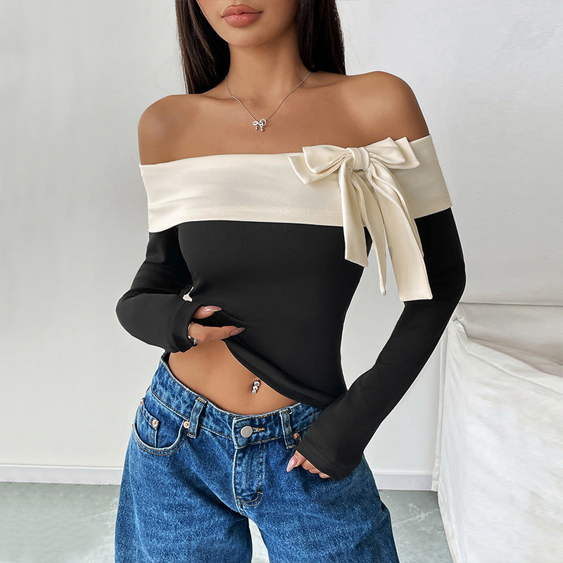 Off Shoulder Bow Tie Contrast Slim Fit Long Sleeve Top