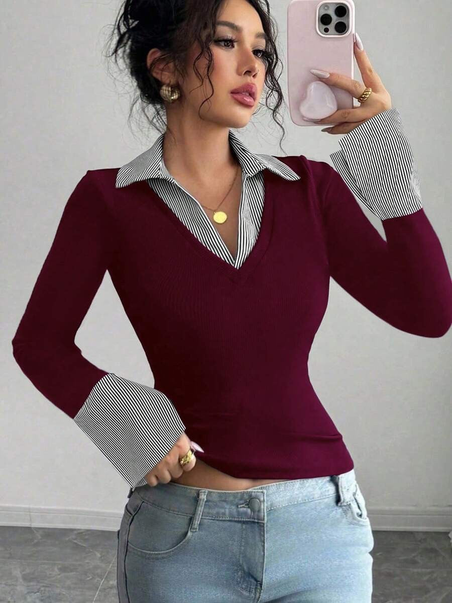 Office V Neck Layered Collared Knit Top Long Sleeve Tee
