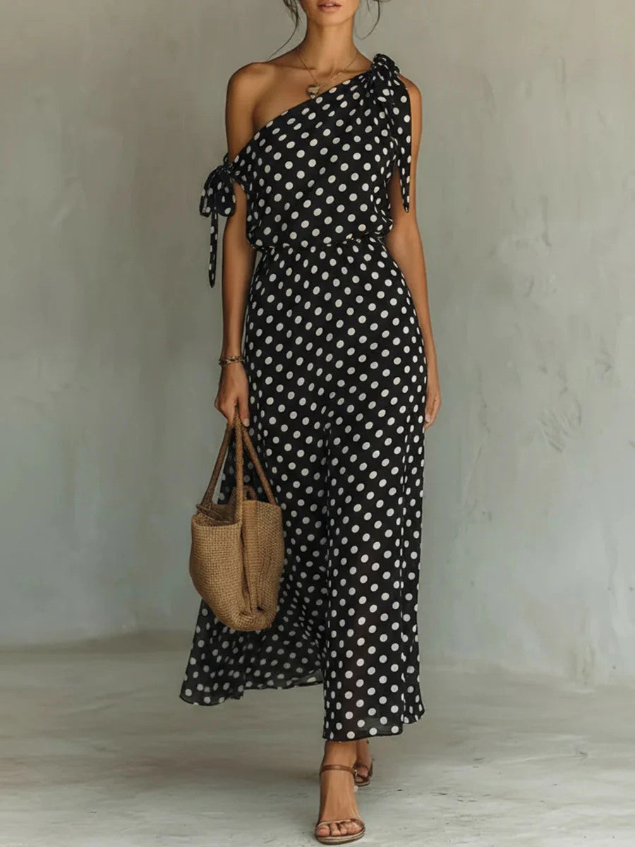 Polka Dot One-Shoulder Maxi Dress with Tie Straps