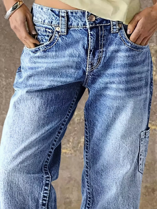Washed Cargo Straight Leg Denim Jeans