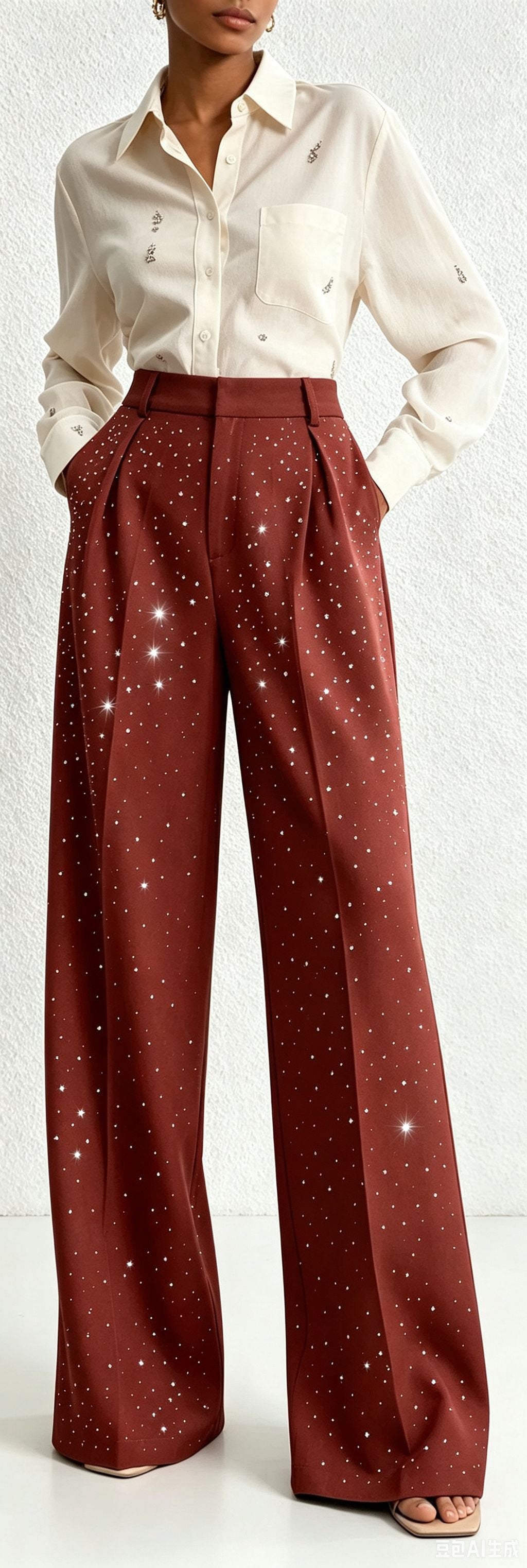 Rhinestone High Waist Pleated Wide Leg Dress Pants