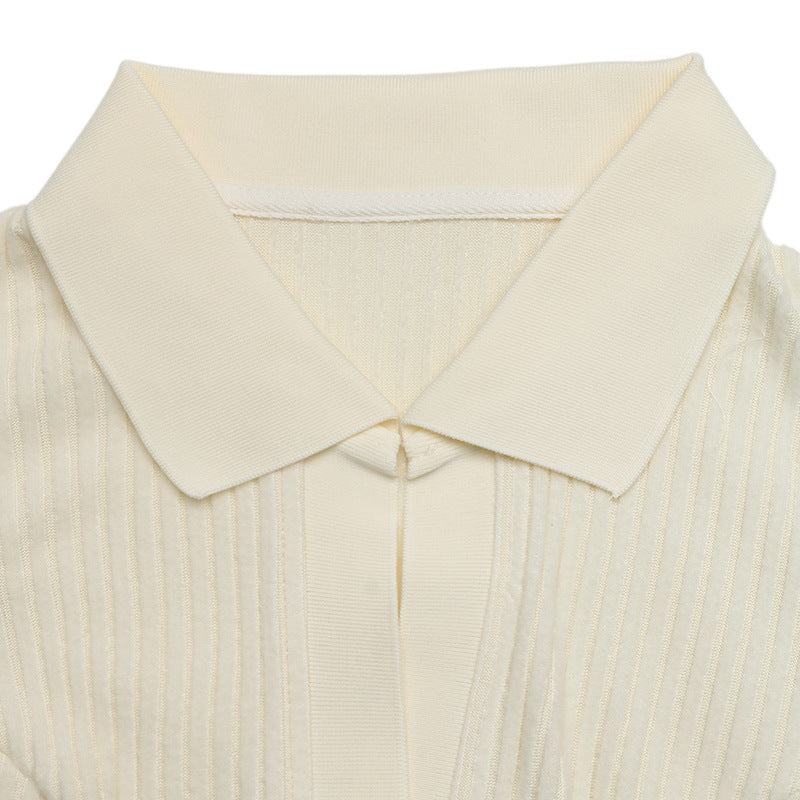 Ribbed Knit Midi Dress Polo Collar High Waist Sweater Dress