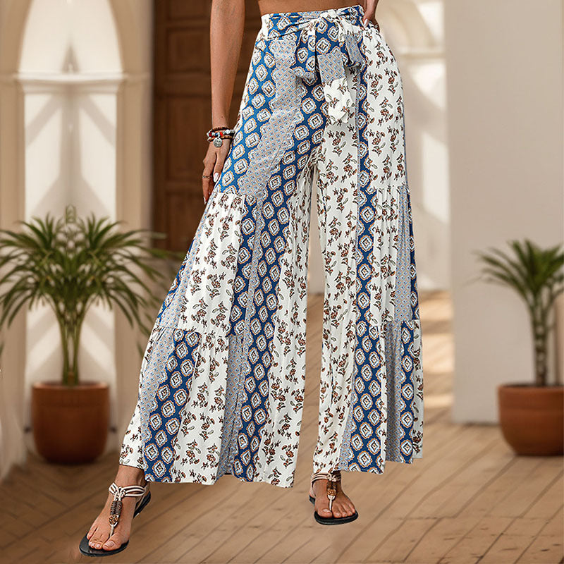 Printed Rayon Pants Boho Tie Waist Wide Leg