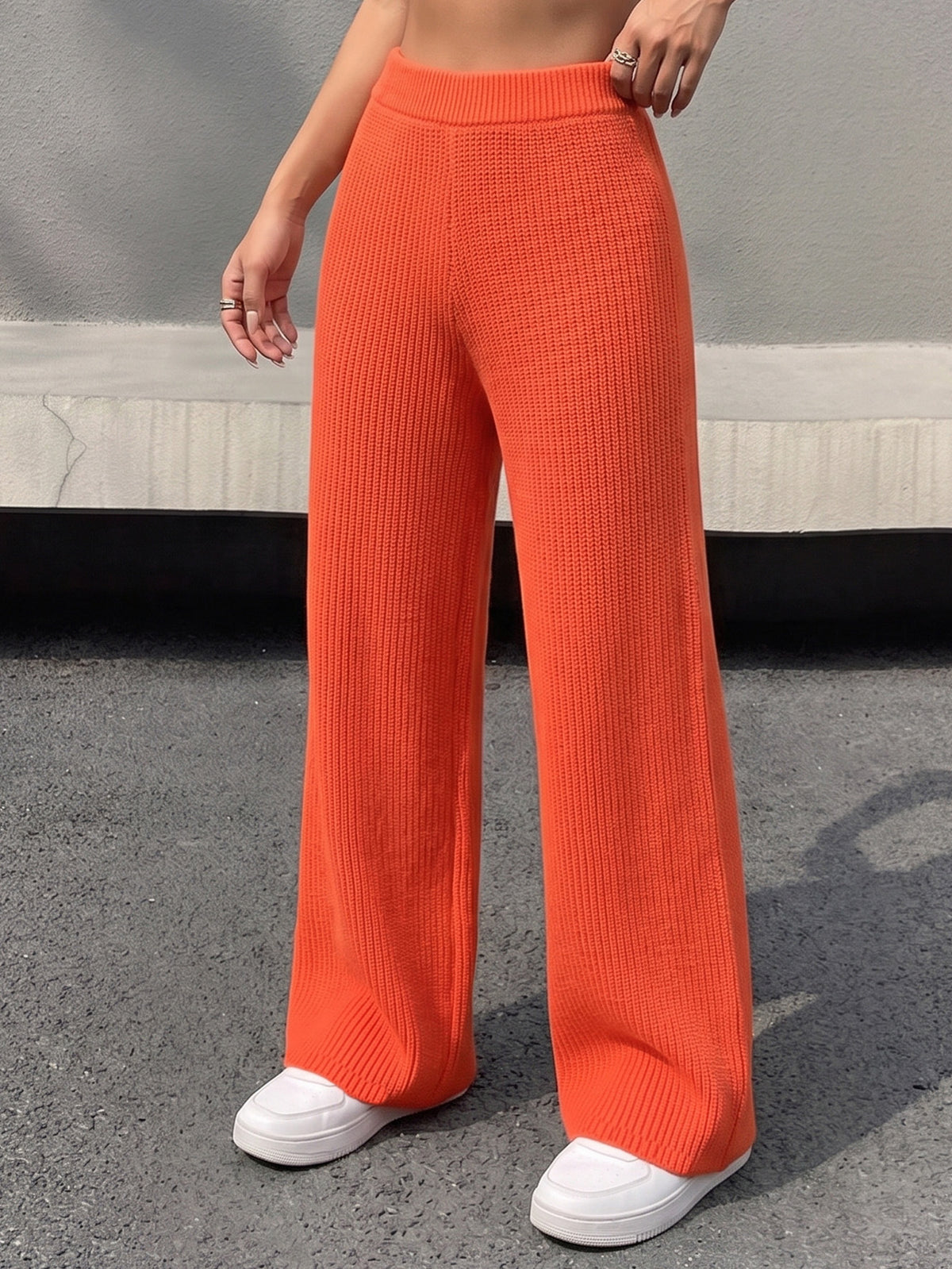 Women's High Waist Ribbed Knit Wide Leg Pants