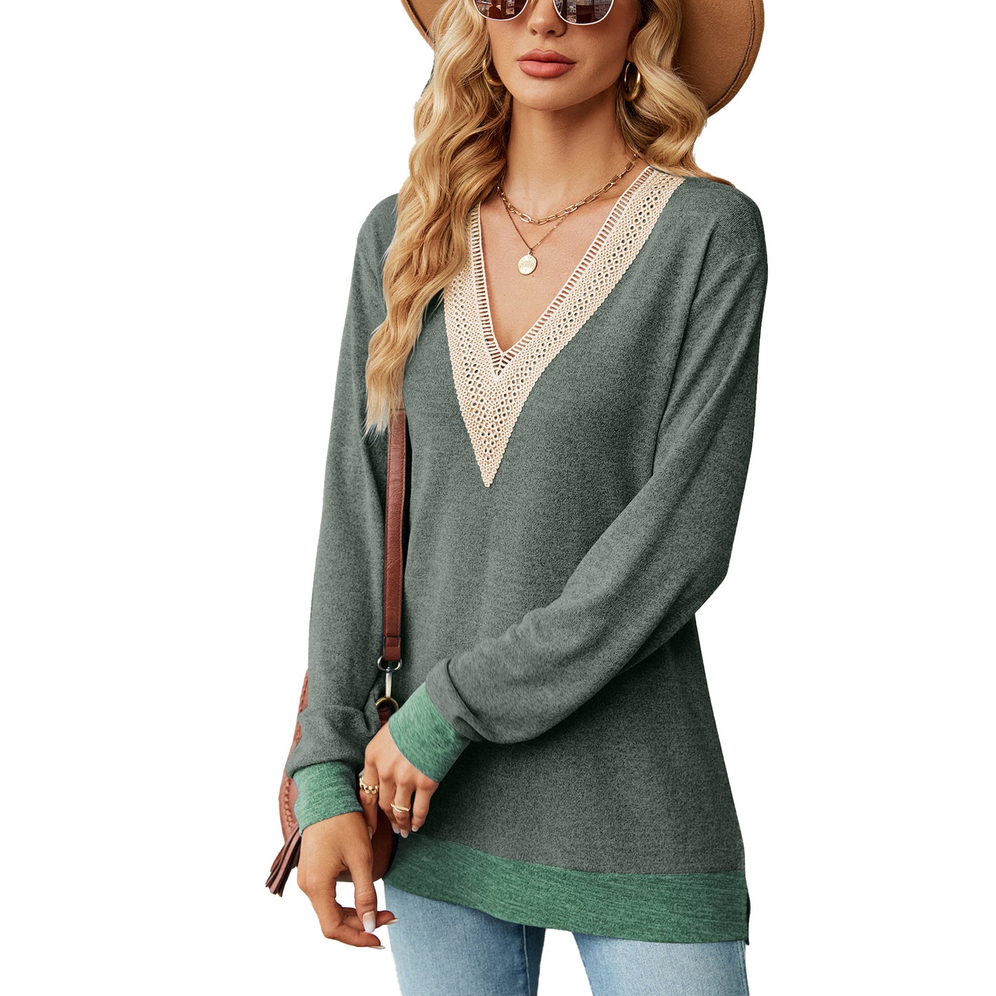 Lace V Neck Color Block Long Sleeve Tunic Top Side Split