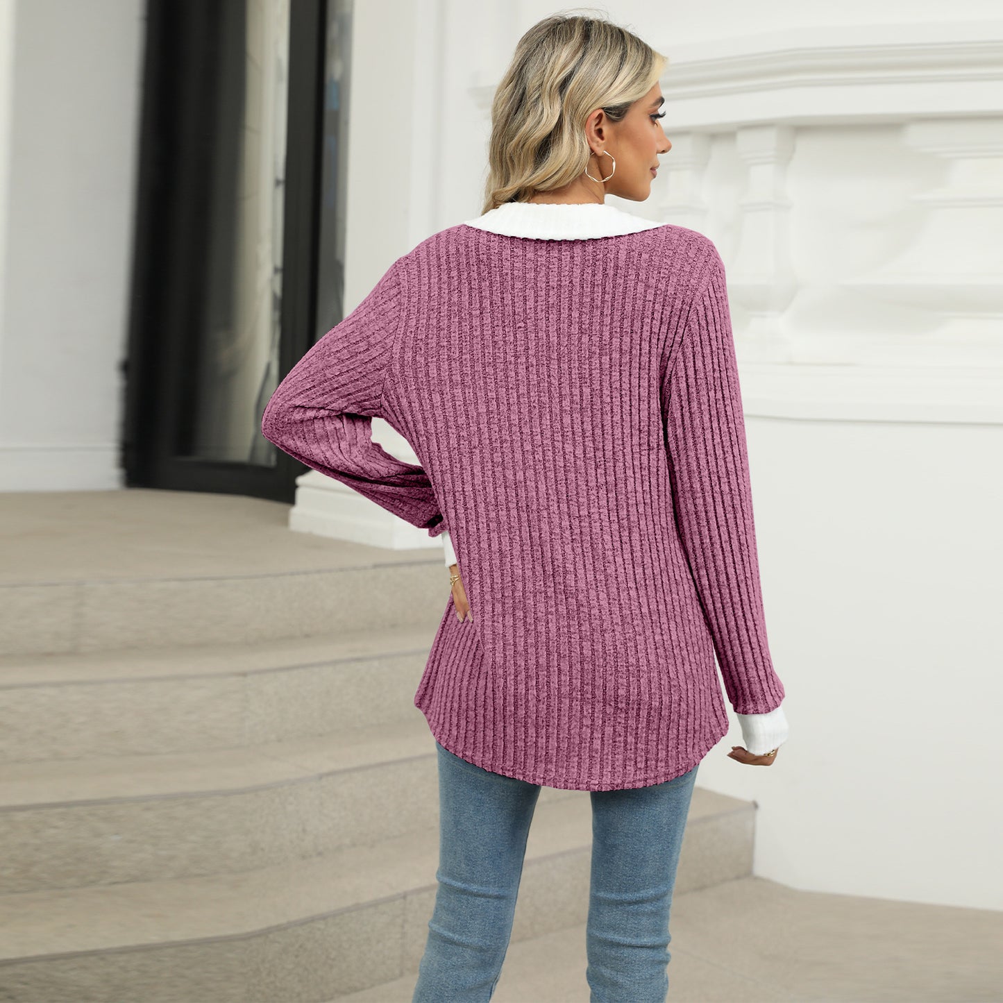 Contrasting Lapel Long Sleeve Loose T-Shirt Top