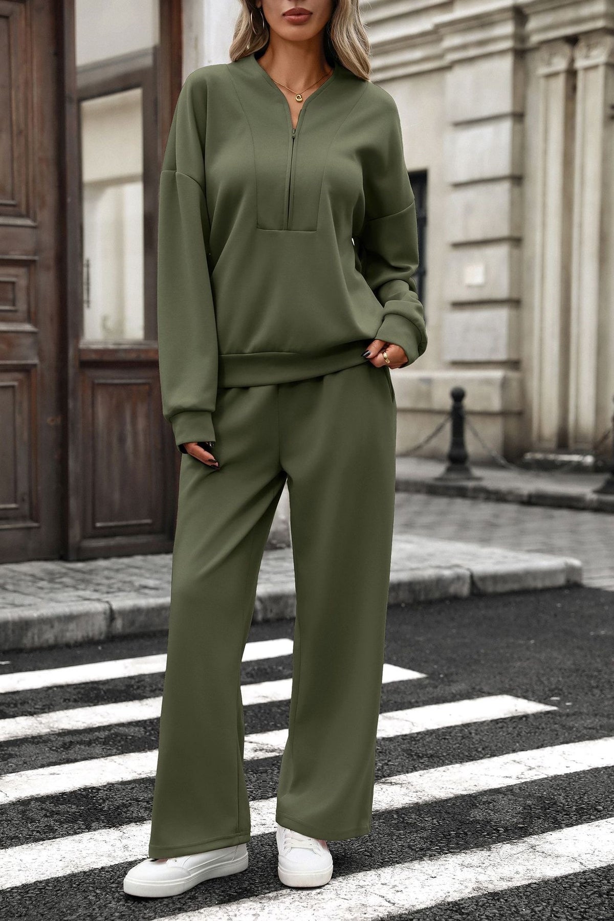 Women's Two Piece Quarter Zip Sweatshirt Wide Leg Pants Set