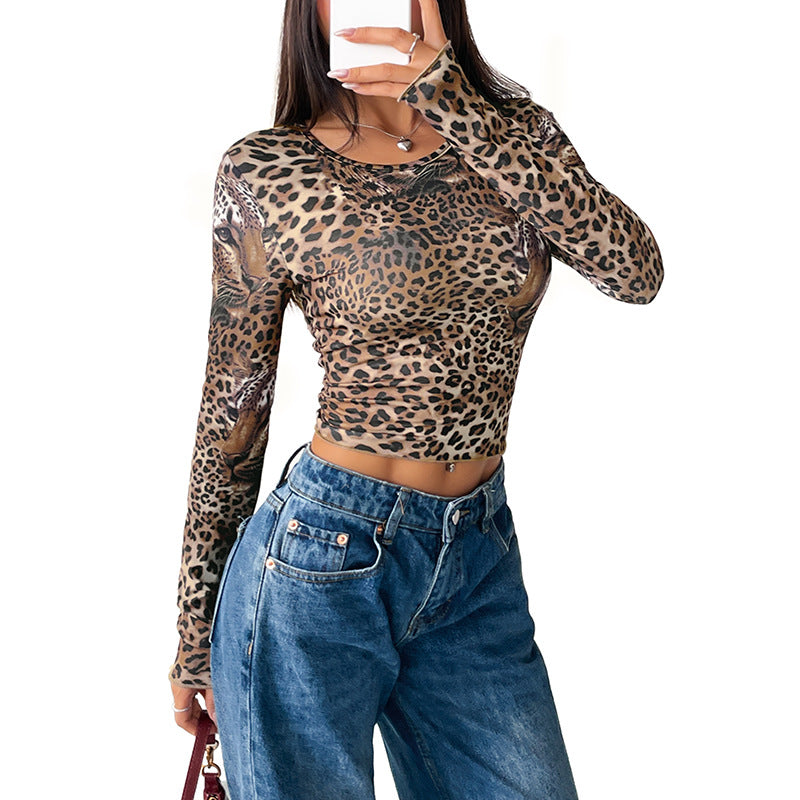 Leopard Print Slim Fit Long Sleeve Crewneck T Shirt