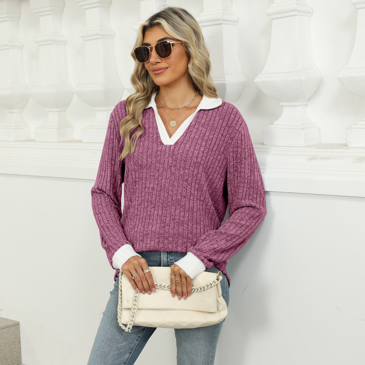 Women's Color Block Collar Long Sleeve Oversized Knit Top