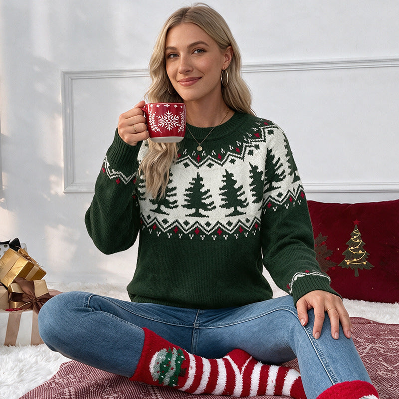 Women's Christmas Fair Isle Sweater Green Crew Neck