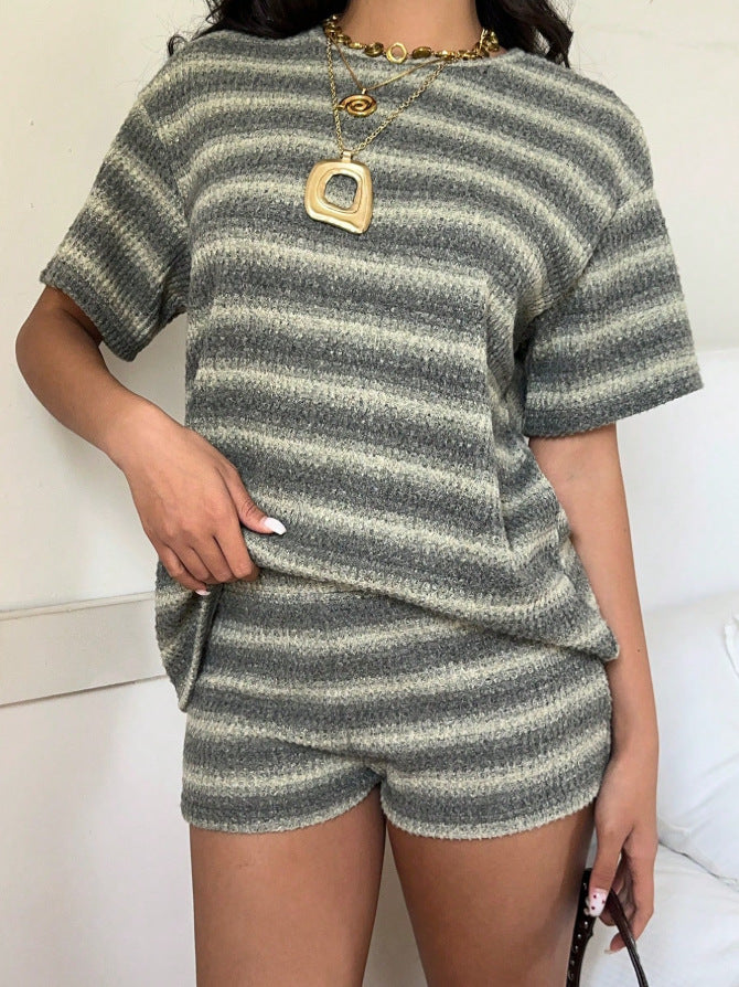 Striped Knit Lounge Set Boutique Shorts Fitted Ribbed