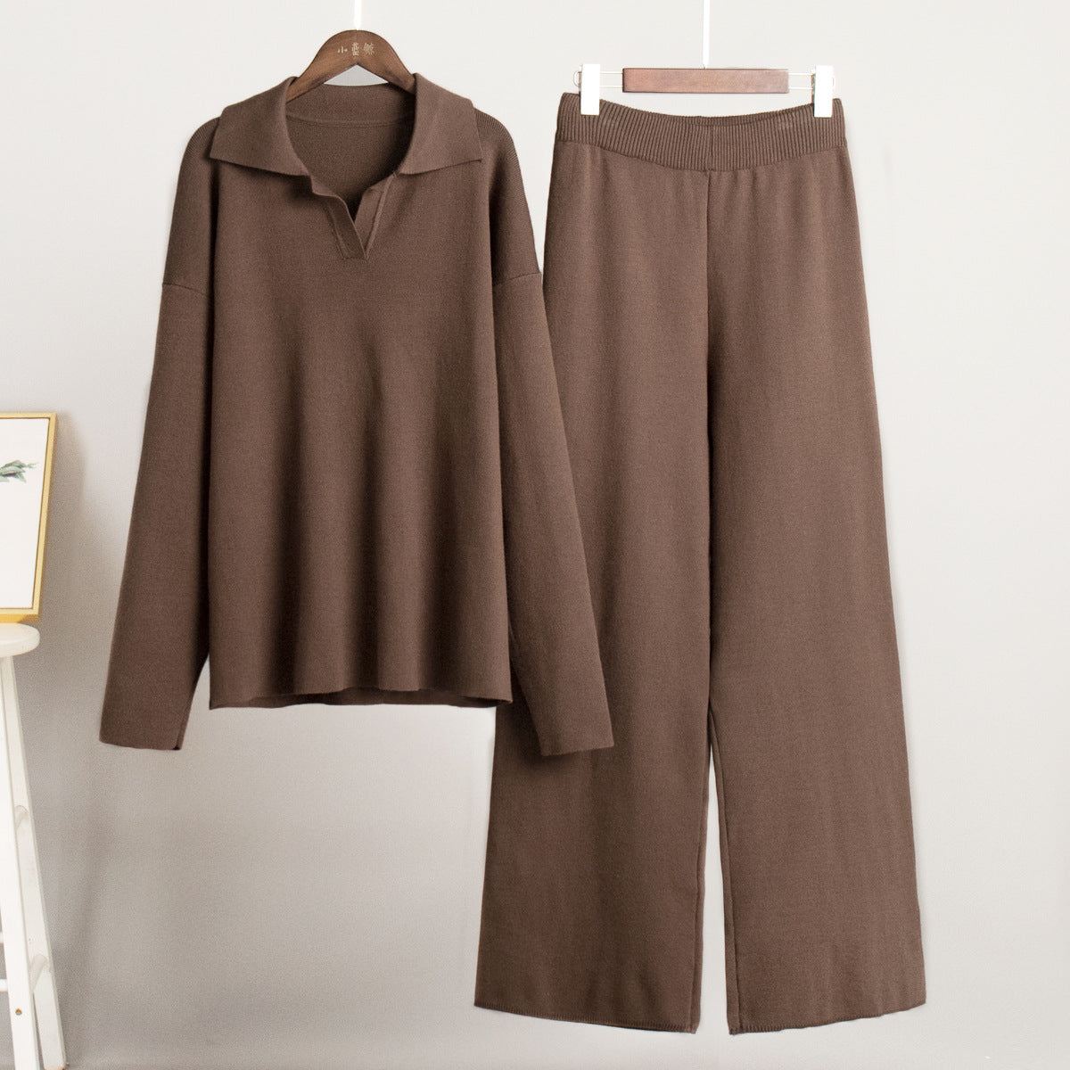 Polo Collar Knit Sweater Wide Leg Pants Set