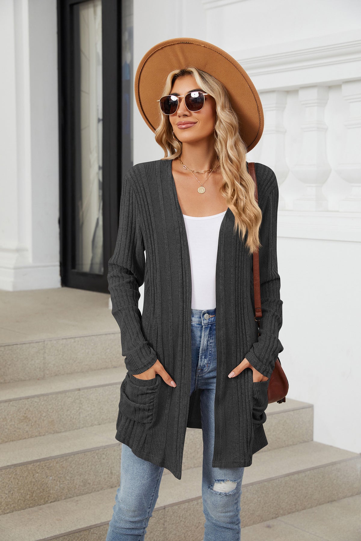 Women's Ribbed Long Cardigan Open Front with Pockets