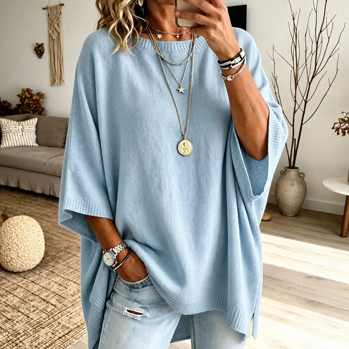 Oversized Light Blue Crewneck Knit Sweater Side Slit Top