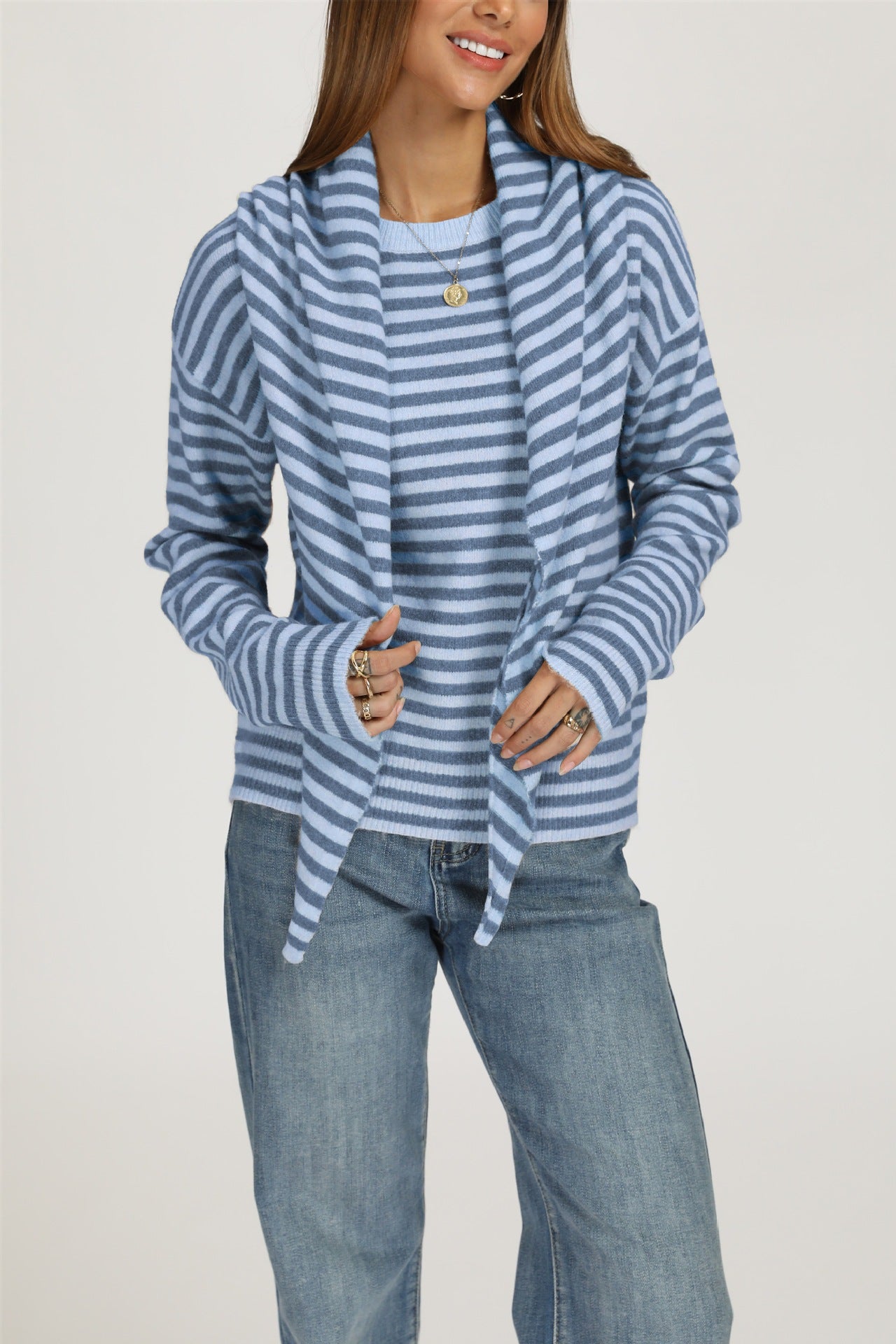 Striped Knit Sweater Shawl Detail Oversized Casual Pullover