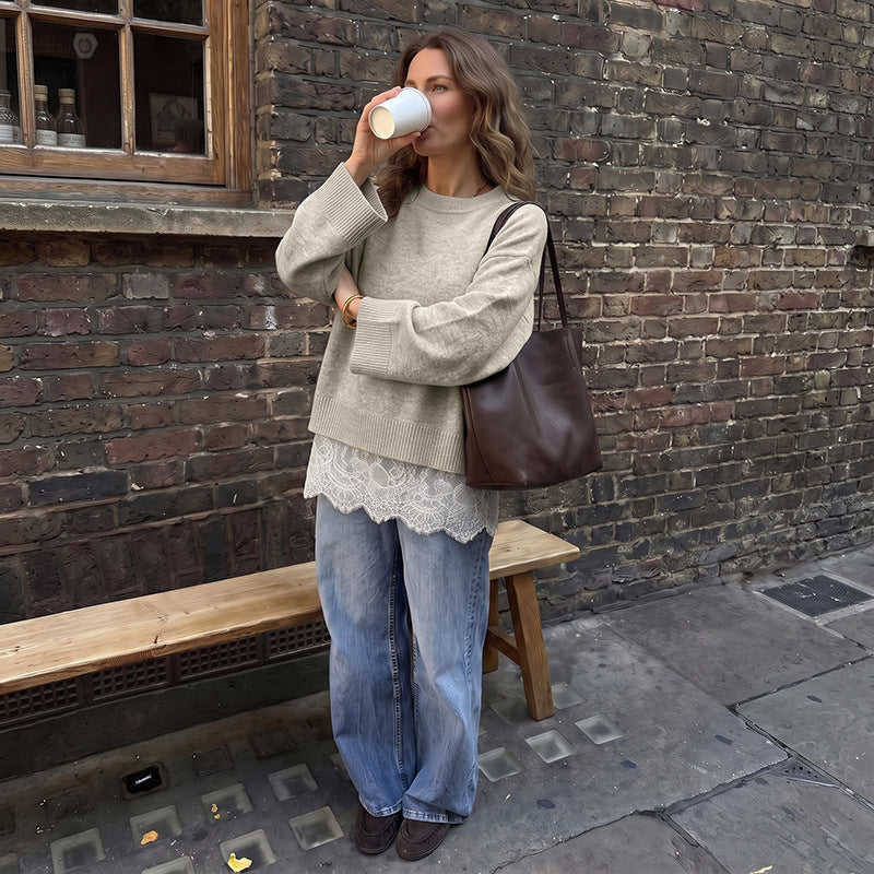 Oversized Crew Neck Sweater with Lace Hem