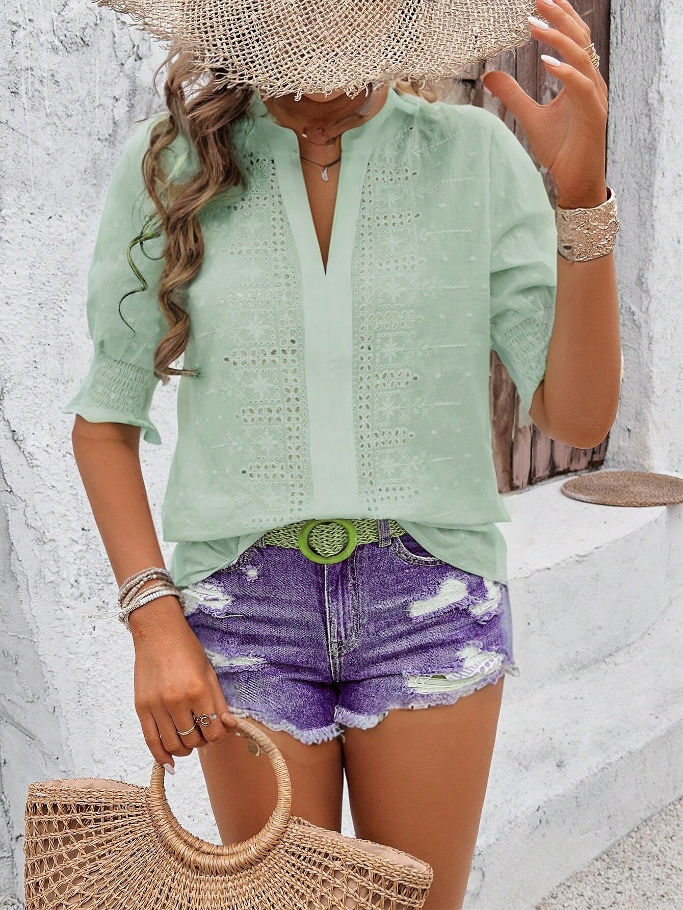 Hollow Out  V Neck Puff Sleeve Boho Blouse