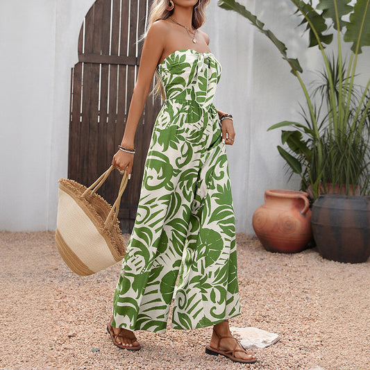 Women Strapless Tropical Print Wide Leg Jumpsuit Summer