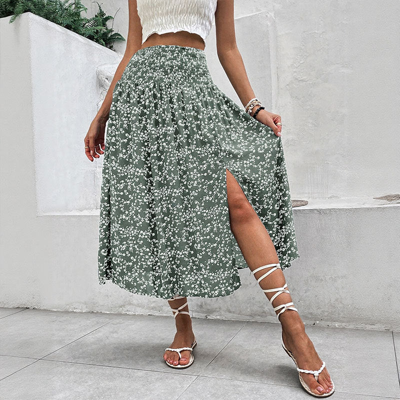 Floral Viscose Skirt Boho High Waist Slit
