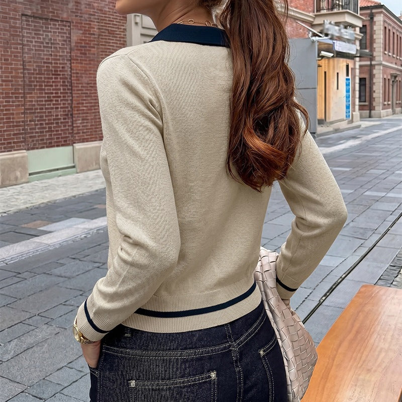 Contrast Polo Collar Knit Sweater Long Sleeve Casual Top
