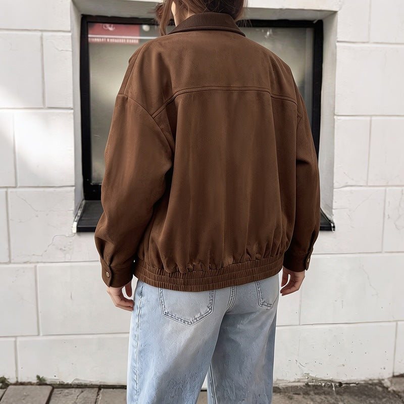 Faux Suede Corduroy Collar Zip Up Workwear Jacket