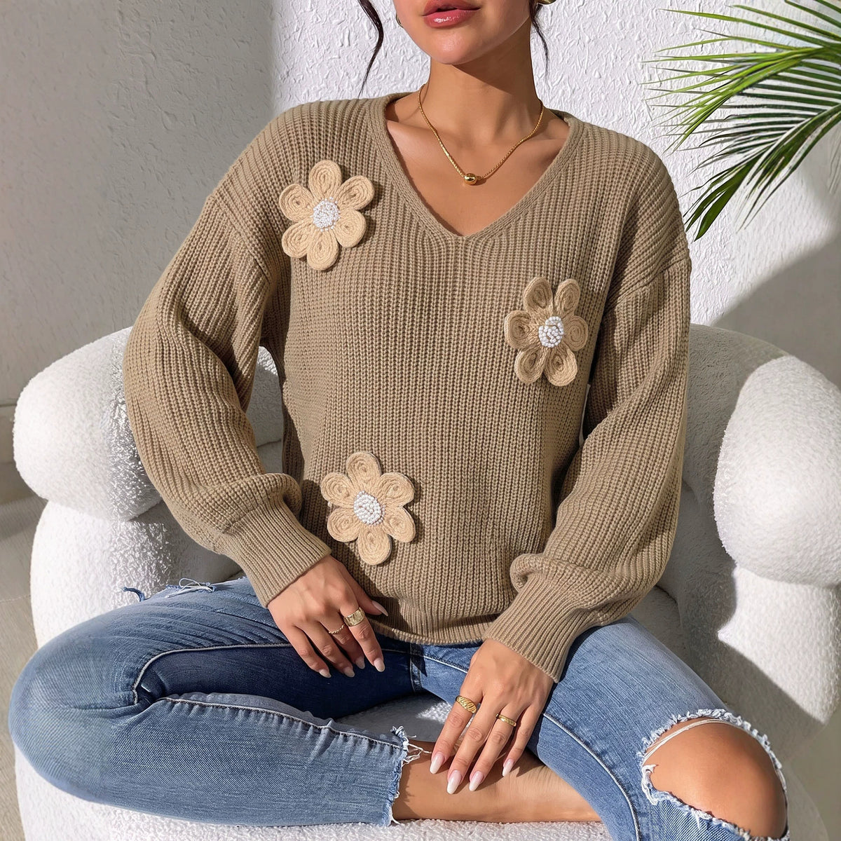 V-Neck Beaded Flower Sweater Balloon Sleeve Pullover