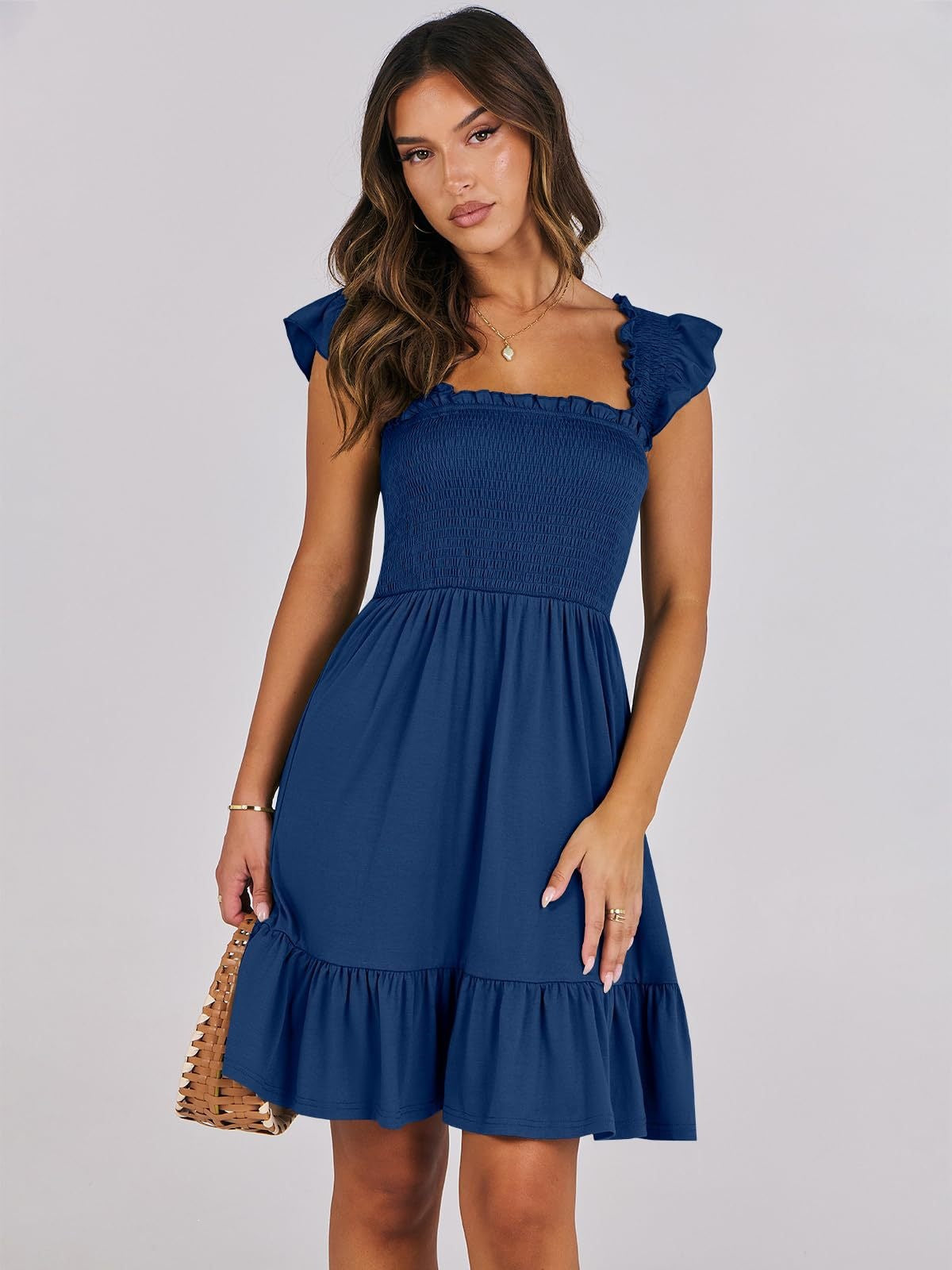 Women’s Smocked Square Neck Ruffle Sleeve Mini Dress Casual Summer Flowy A Line Dress