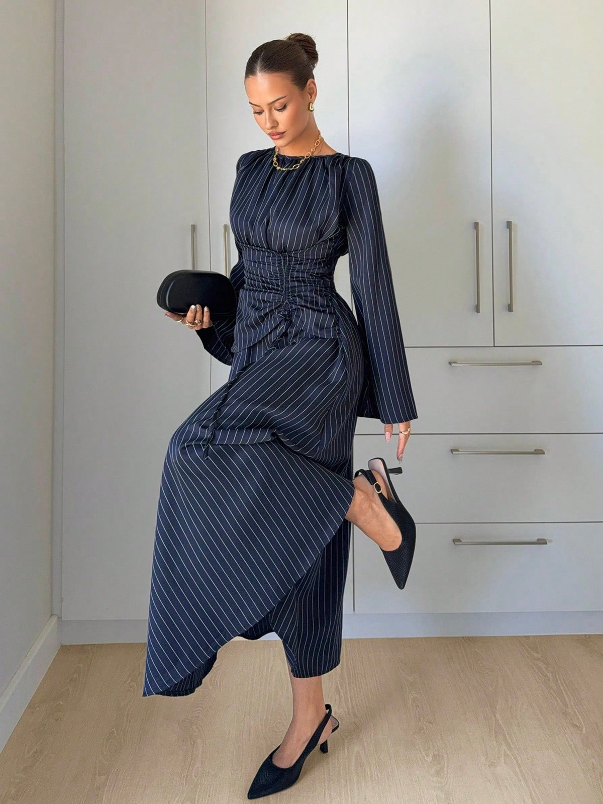 Women's Long Sleeve Tie Waist Ruched Midi Dress