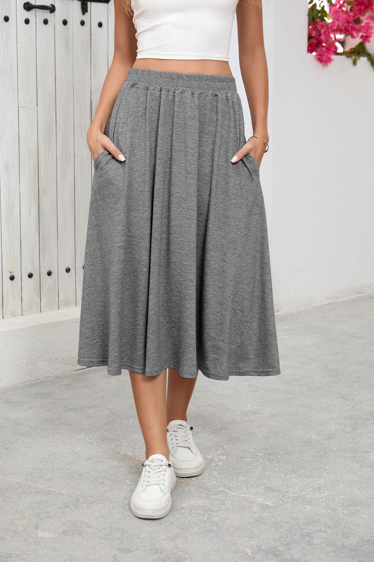 Solid Knit Skirt Casual A-Line Midi Elastic Waist