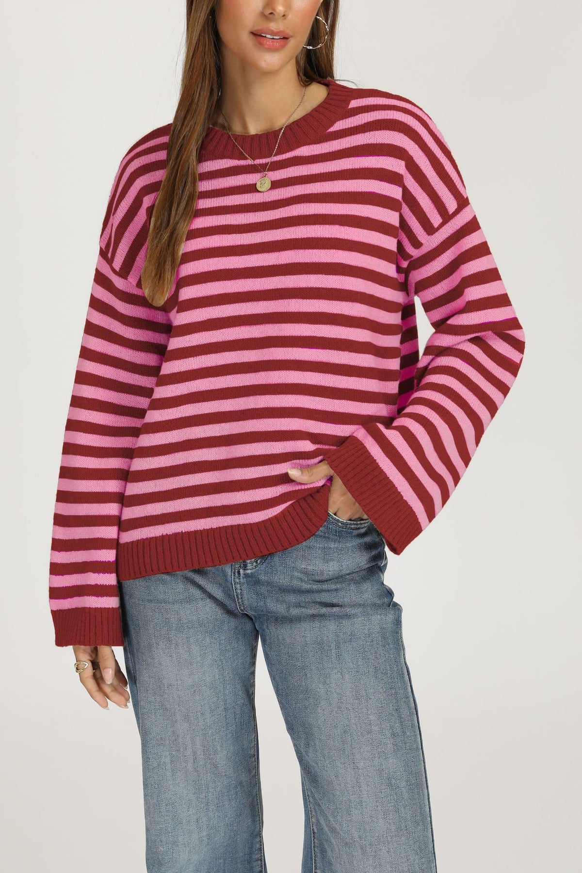 Women's Oversized Striped Crewneck Knit Sweater