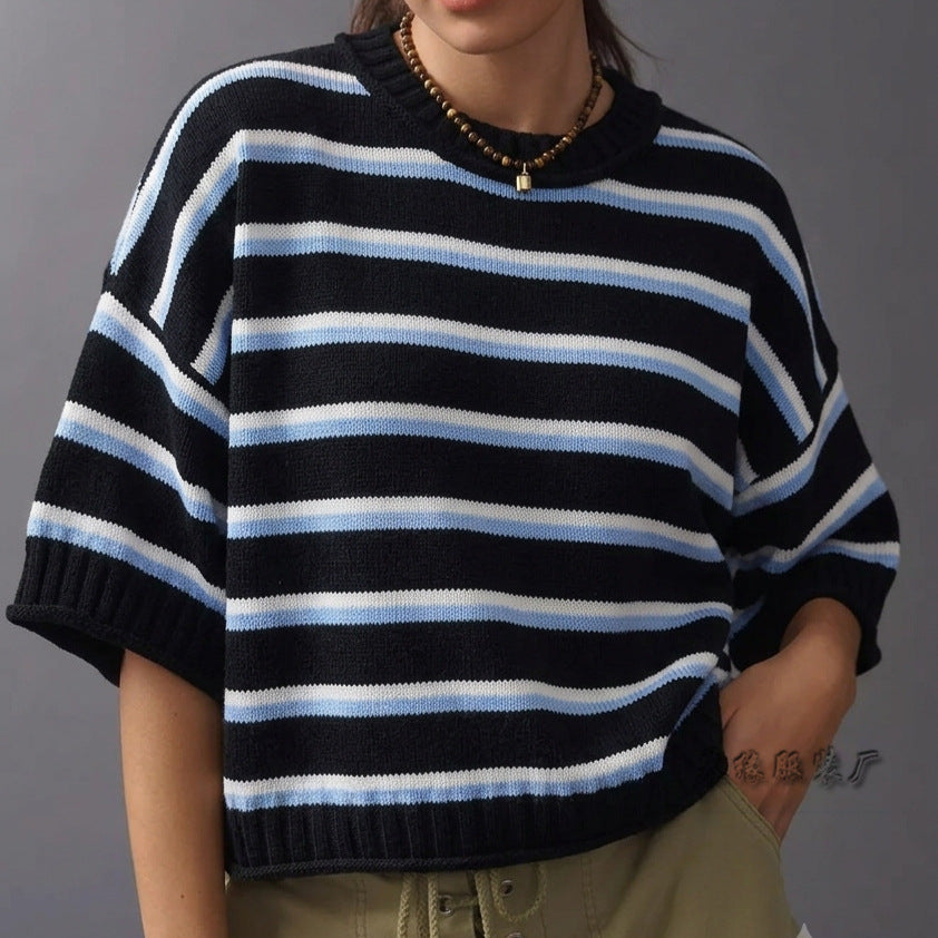 Women's Oversized Striped Short Sleeve Crewneck Sweater