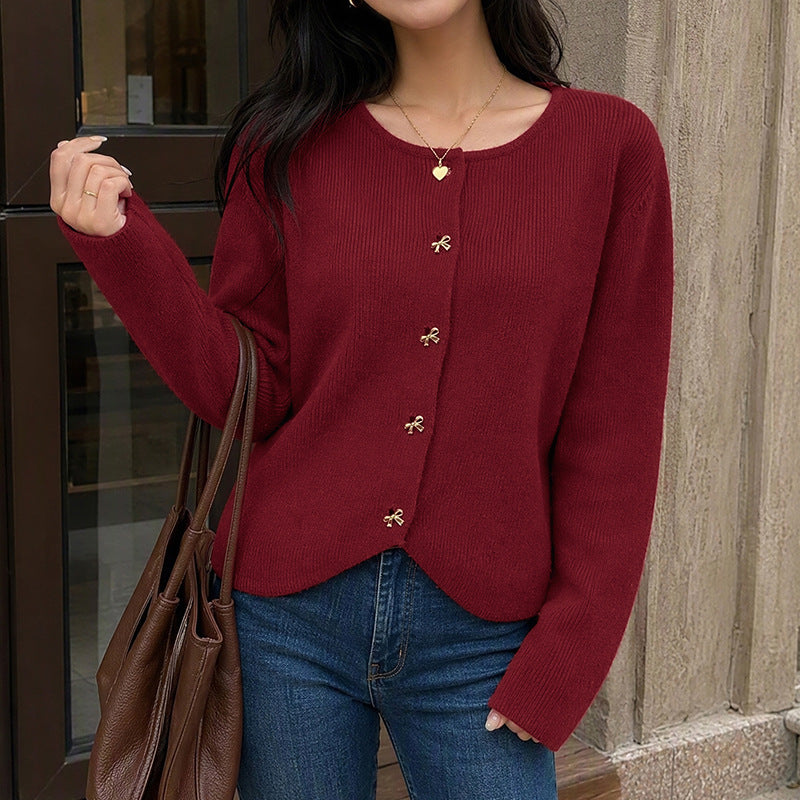 Women's Oversized Crew Neck Gold Button Cardigan Sweater