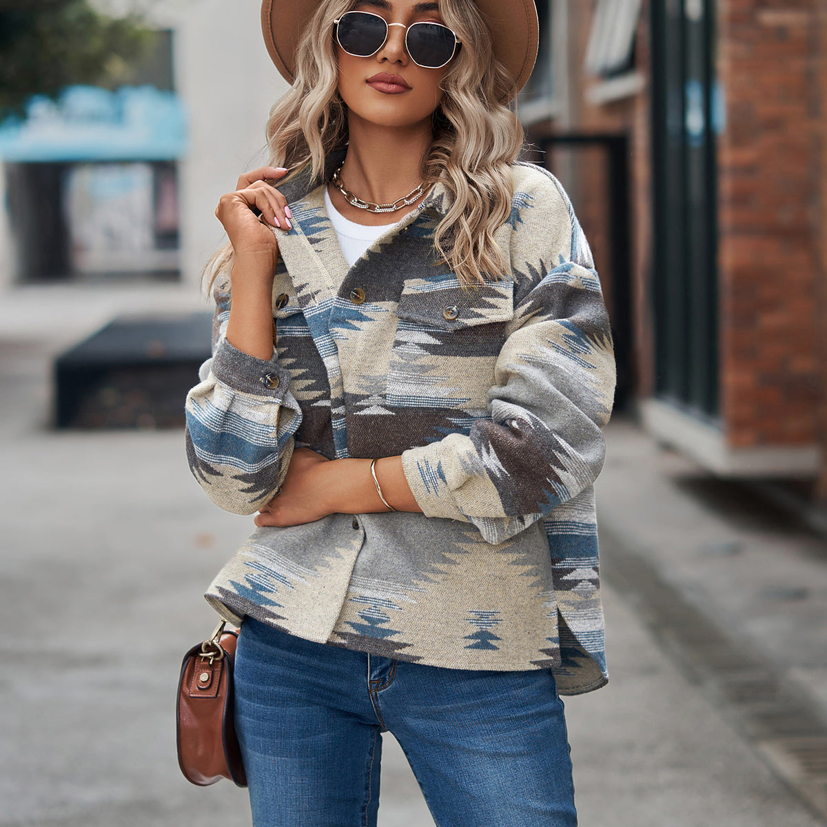 Women's Aztec Cropped Shacket Oversized