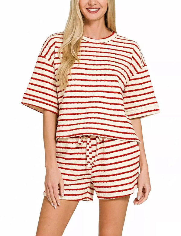 Striped Cotton Shorts Set Boutique Textured Knit Loungewear