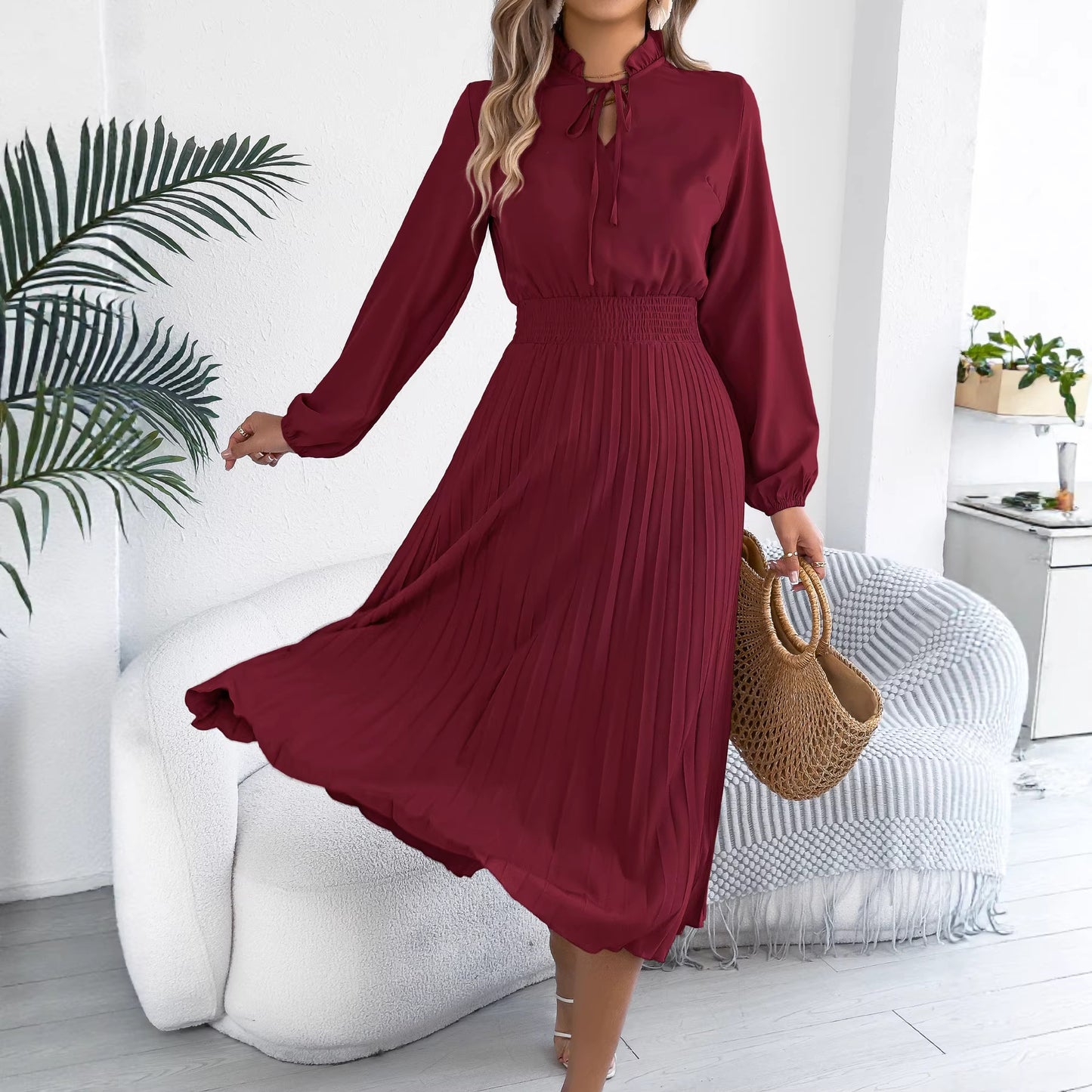 Green Tie Neck Lantern Sleeve Pleated Maxi Dress