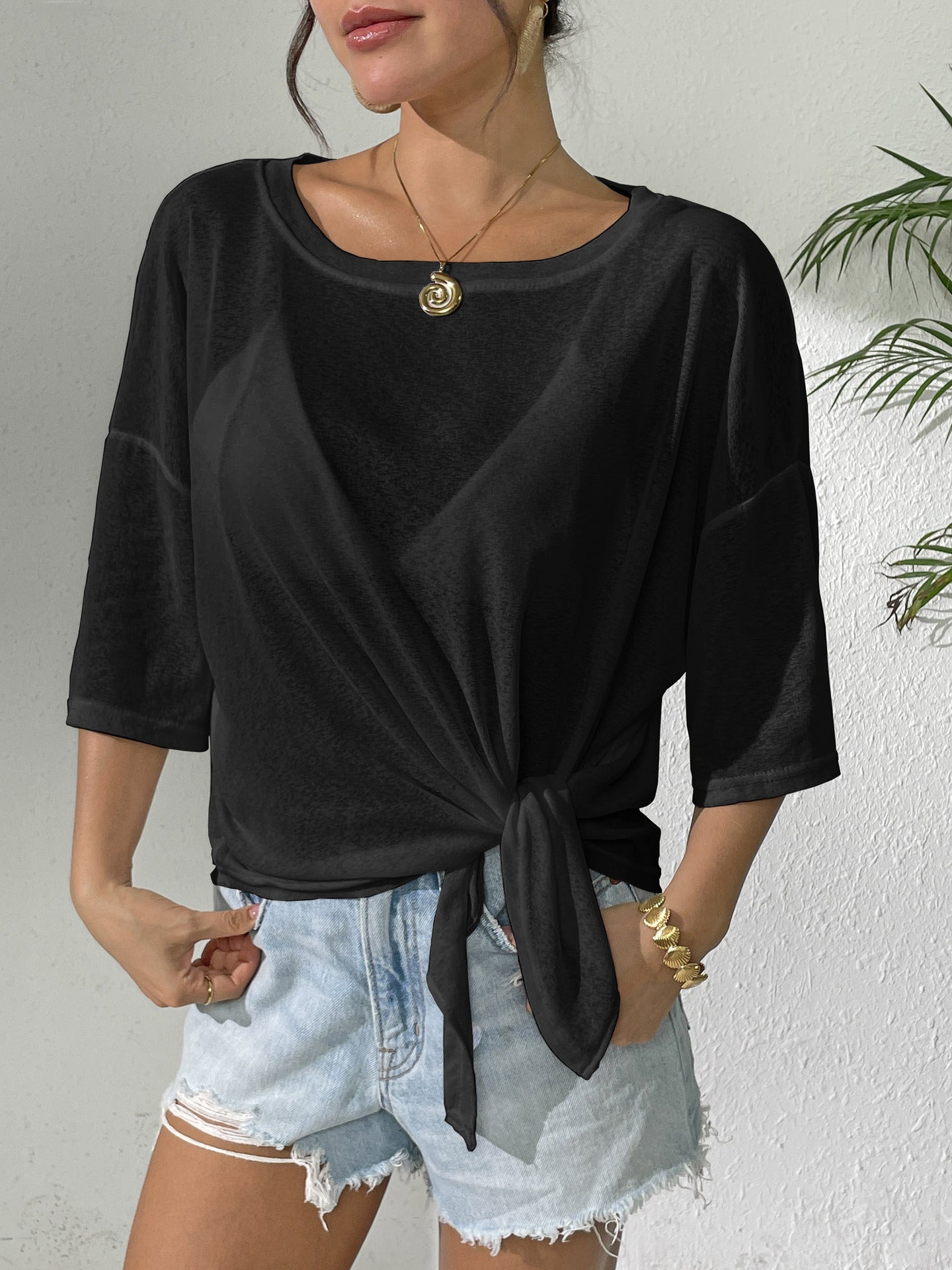 Women’s Solid Tie Front Off Shoulder Beach Cover Up