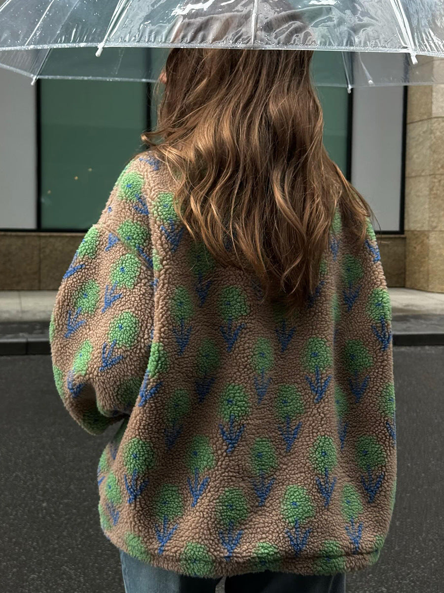 Floral Sherpa Fleece Half-Zip Pullover, Oversized