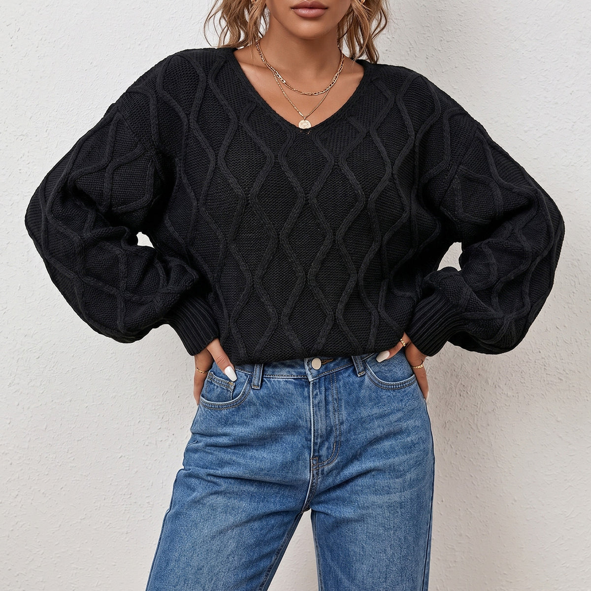 Oversized V Neck Cable Knit Pullover Sweater
