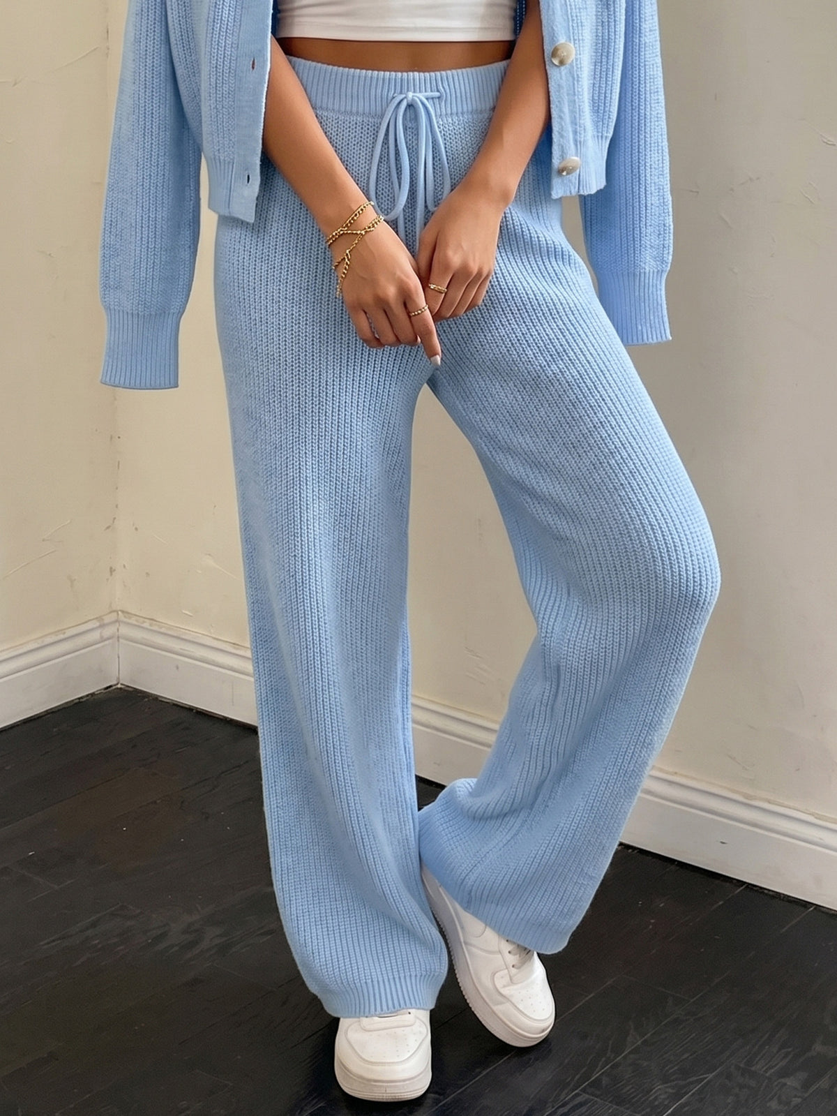 Women's Knit Wide Leg Pants Drawstring High Waist Casual