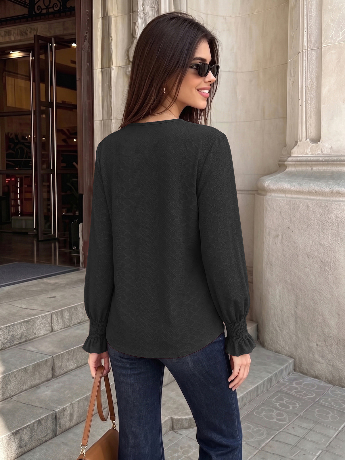 V-Neck Lace Trim Smocked Cuff Long Sleeve Blouse