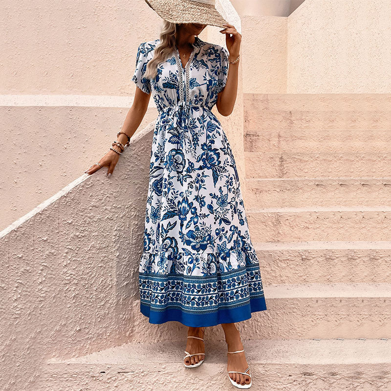 Floral Print Midi Dress Boho V Neck